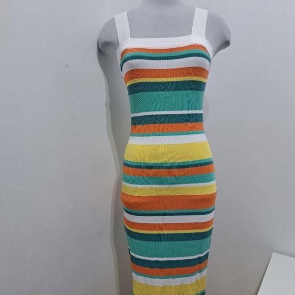 MinkPink Kosa Striped Knit Midi Dress Orange Multi Color Medium NWT - Picture 11 of 11